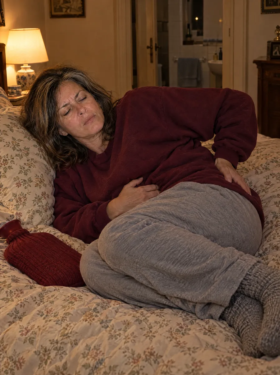 Rannicchiata sul letto, le mani sulla pancia per i crampi