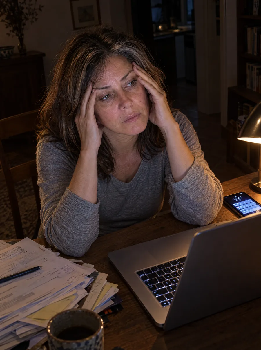Di notte alla scrivania, le dita sulle tempie, la testa che non si ferma