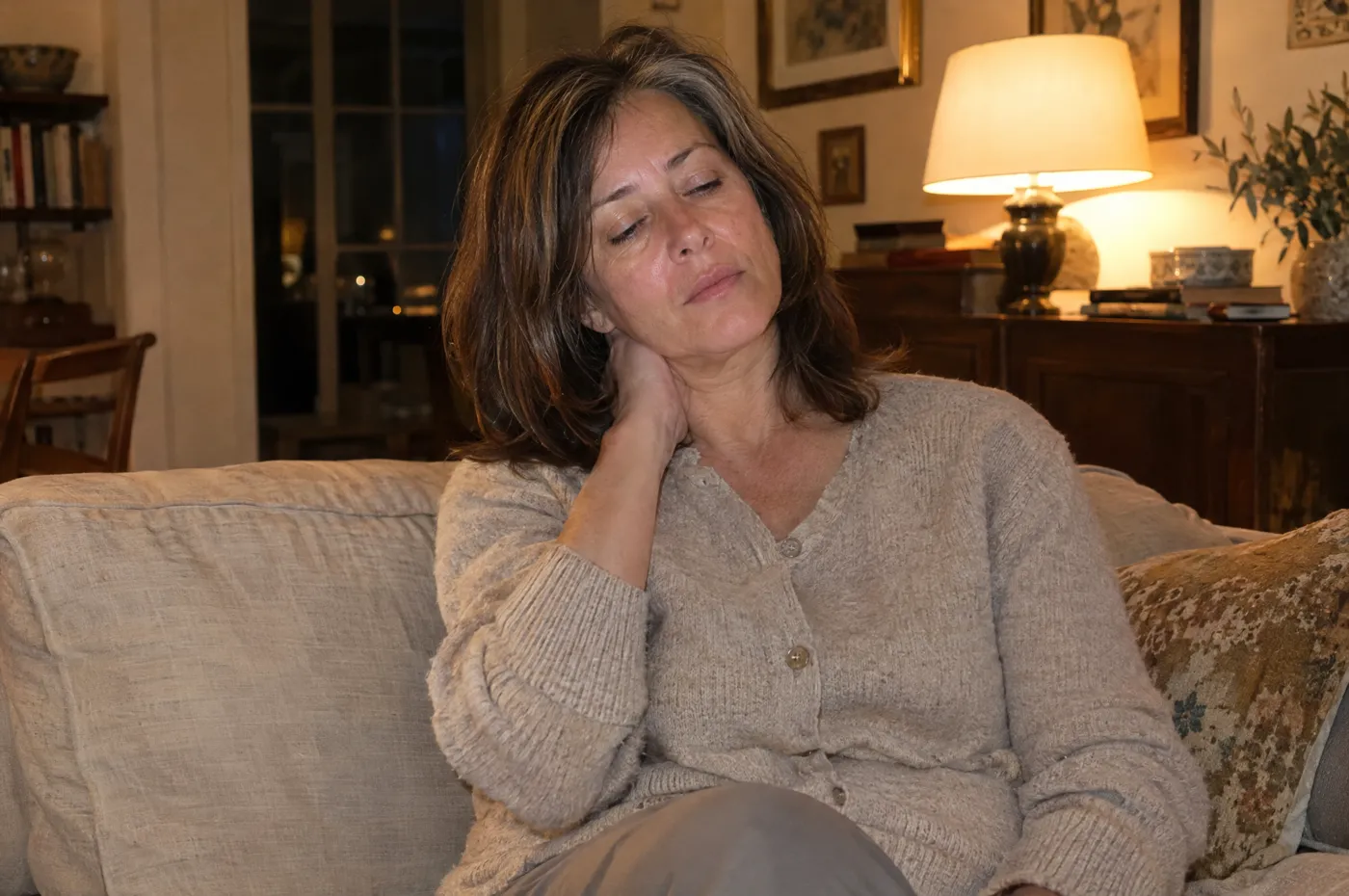 Una donna stanca sul divano, la mano sul collo